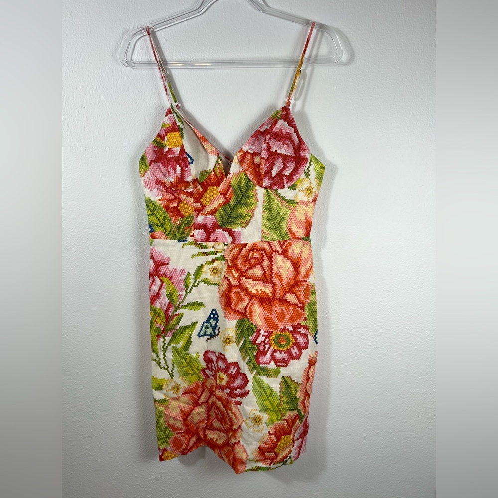 Farm Rio Vintage Floral Roses Adjustable Strap Summer Linen Resort‎ Mini Dress M - Picture 3 of 14